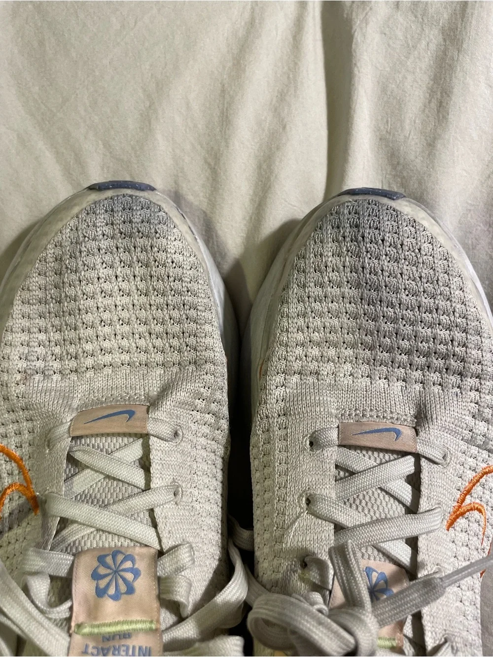 Nike Womens 9.5 Light Gray/neon green Sneakers with Orange Swoosh
